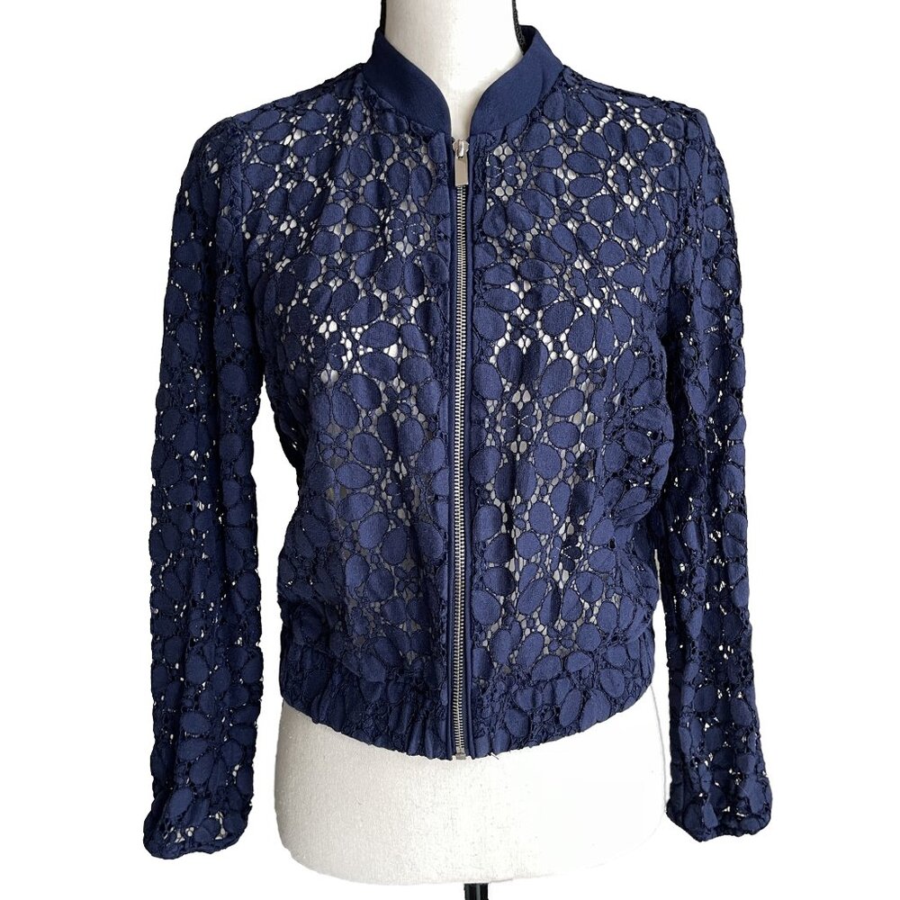 LAUNDRY by Shelli Segal Navy Eyelet Lace Bomber Jacket Long Sleeves Full Zip Sz8